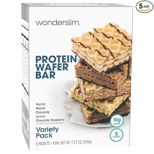 WonderSlim Protein Wafer Snack Bar, Variety Pack, 15g Protein, 5 Flavors, 0mg Cholesterol (5ct)
