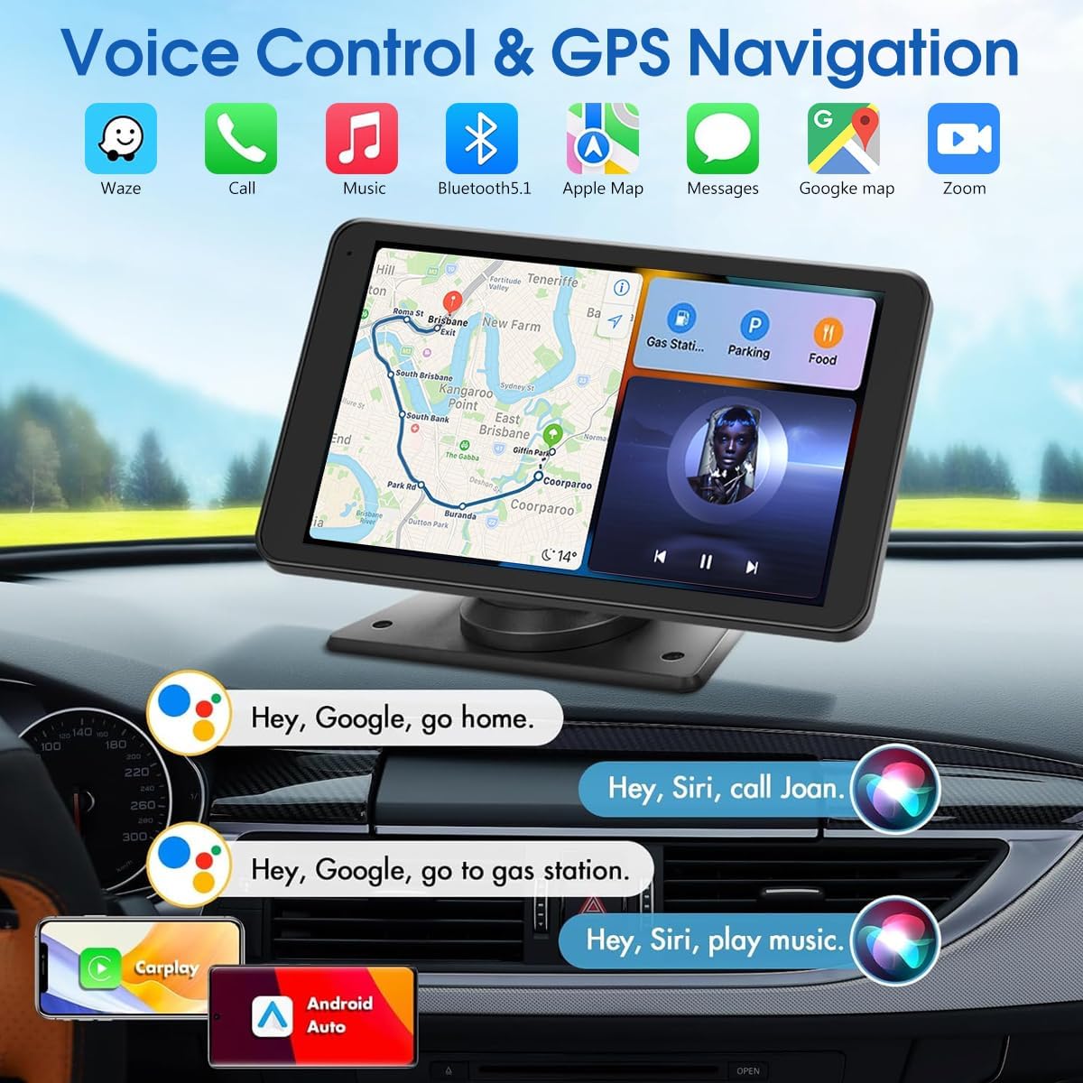 Portable Carplay Screen for Car, 7" HD Touchscreen for Car with Backup Camera/Mirror Link/Bluetooth/Voice Control/GPS/AUX/FM Satellite Radio for All Vehicles.