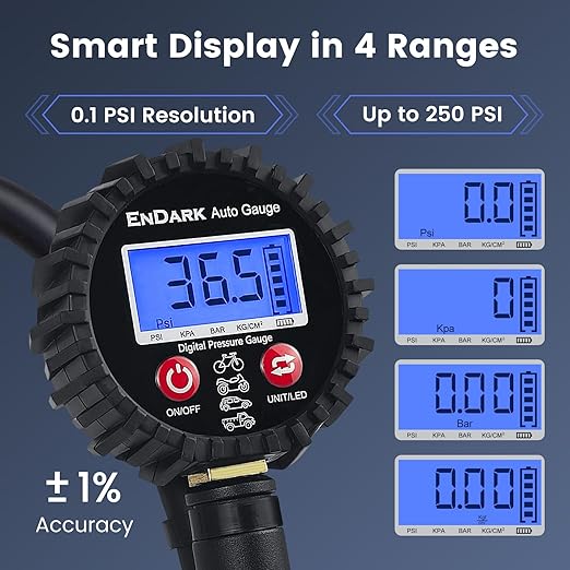 Digital Tire Pressure Gauge with Inflator: ENDARK 250 PSI Air Compressor Attachment Inflation Gun with Heavy Duty 360° Air Chuck & Extended Hose and Quick Connect Coupler with Carrying Case