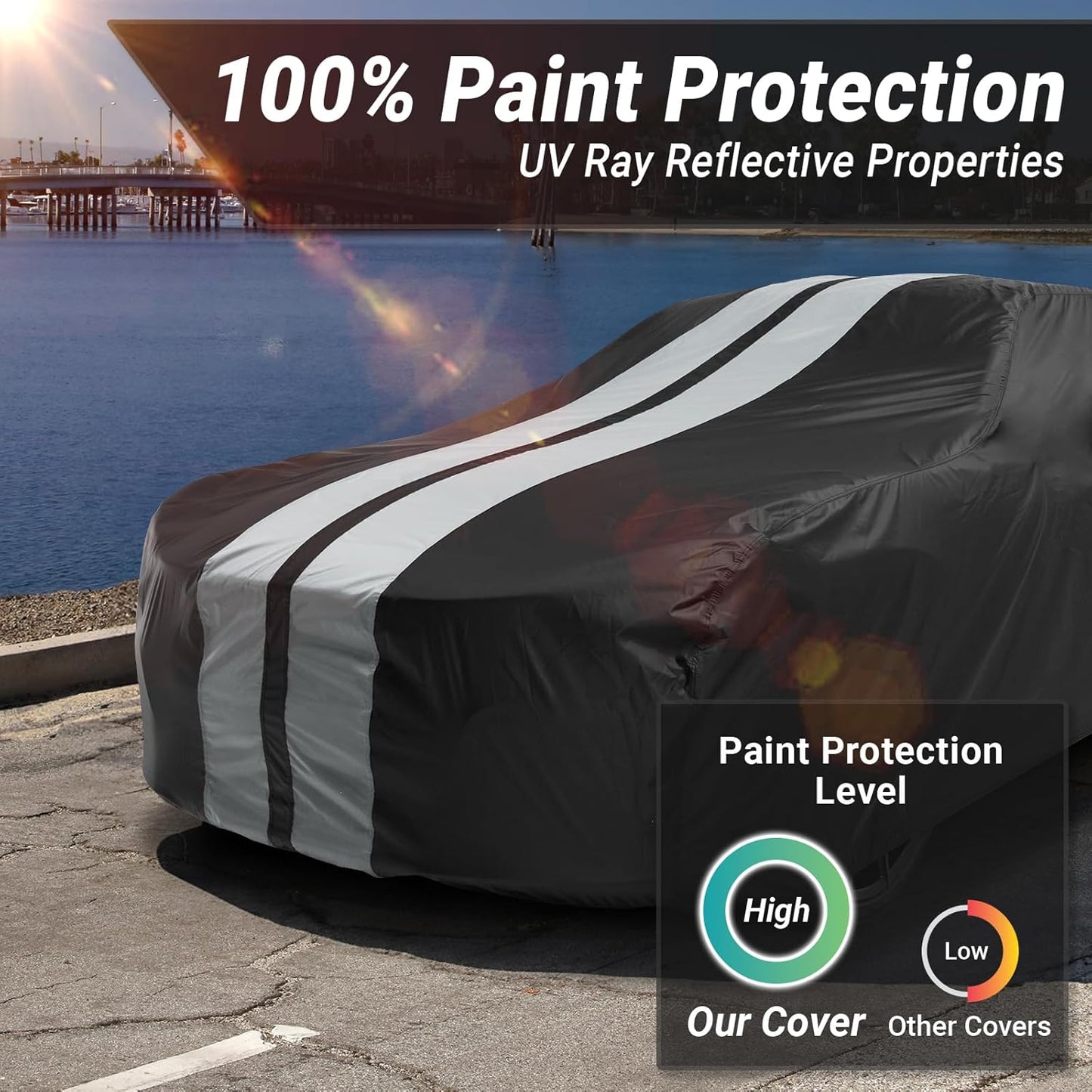 iCarCover Custom Car Cover for Pontiac Parisienne 4-Door (1971-1976) Waterproof All-Weather Rain Snow UV Sun Protector Full Exterior Indoor Outdoor Car Cover (Stripe - Black/Gray)