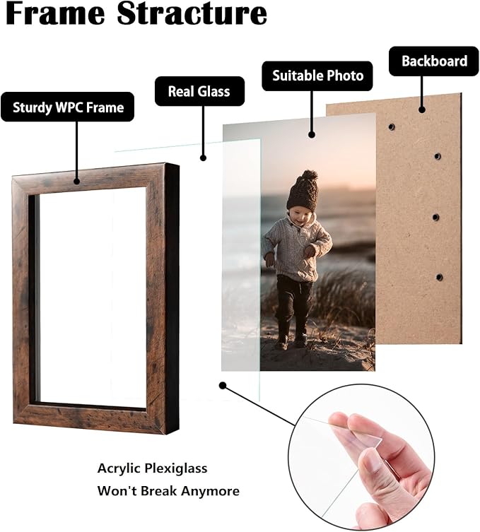 KINLINK 4x6 Picture Frame Rustic Brown Set of 4, Wooden Photo Frames with Plexiglass for 4x6 without Mat for Table and Wall Display