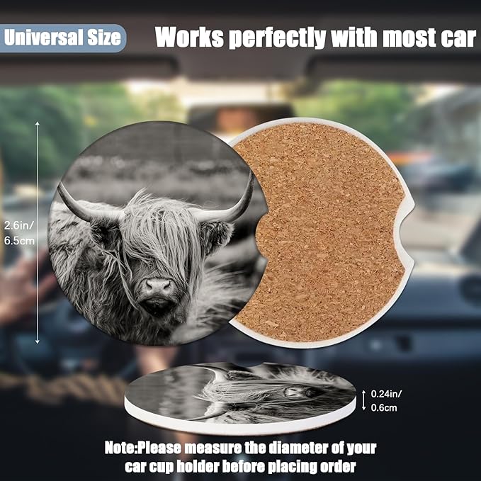 Car Cup Holder Coaster - Highland Cow Absorbent Ceramic Coaster, Car Coasters for Cup Holders, Auto Accessories for Women & Men, Pack of 2