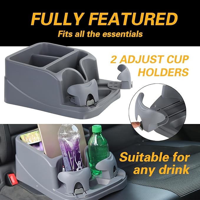 Universal Big Center Console for Cars, Trucks, Minivans, SUVs, Car Console Organizer with 2 Adjustable Cup Holders, Seatbelt for Secure Hold Car Seat Organizer, Truck Floor Console