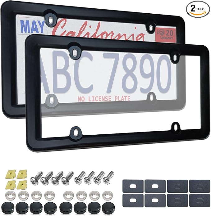 License Plate Covers Frames- 2 Sets Car Plate Protectors, Clear Flat Tag Plate Cover & Black Plastic Holder for Front Rear, with Screws Caps