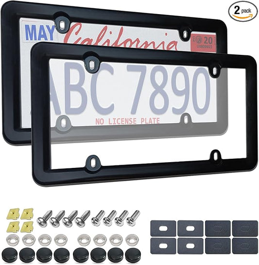 License Plate Covers Frames- 2 Sets Car Plate Protectors, Clear Flat Tag Plate Cover & Black Plastic Holder for Front Rear, with Screws Caps