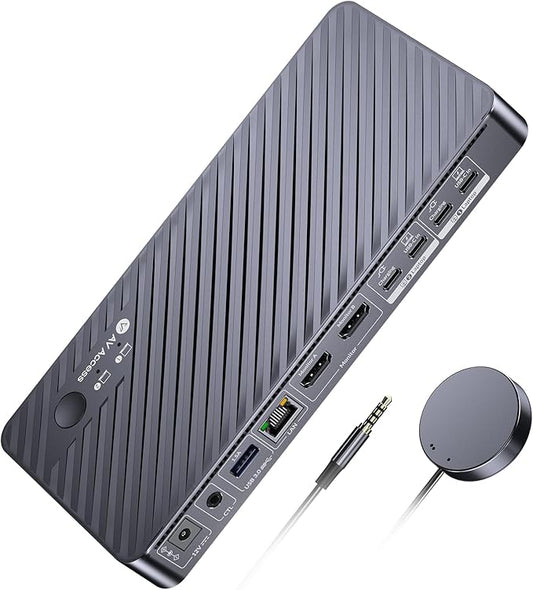 AV Access Docking Station KVM Switch 2 Monitors 2 Laptops, 4K KVM Switch Dual HDMI Monitor, 100W PD for Each PC, 1G Ethernet, EDID Emulation, Ideal for Home Office & Gaming