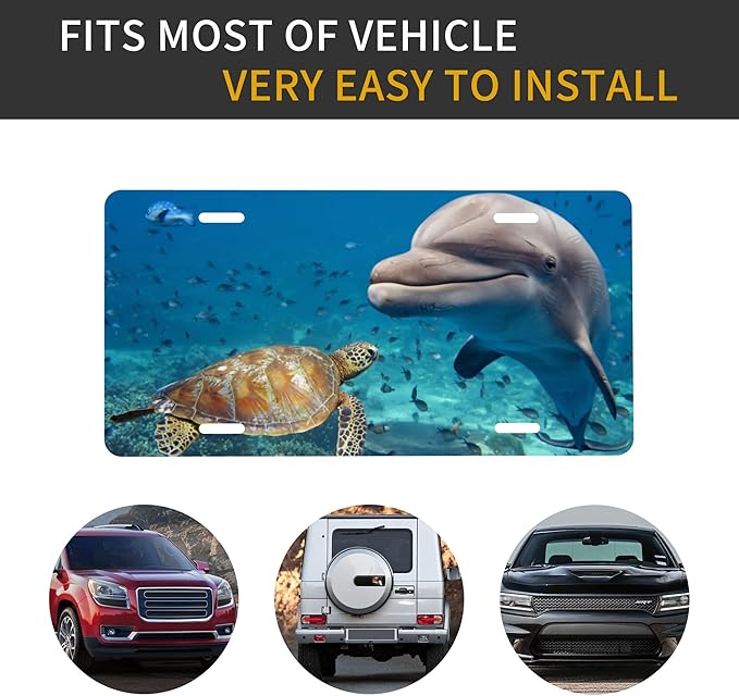 Front License Plate Sea Turtles Beluga Vanity Plates Aluminum Metal Decorative Car Tag Dolphin Novelty License Plate Cover for Men Women ‎6 * 12 in (4 Holes)
