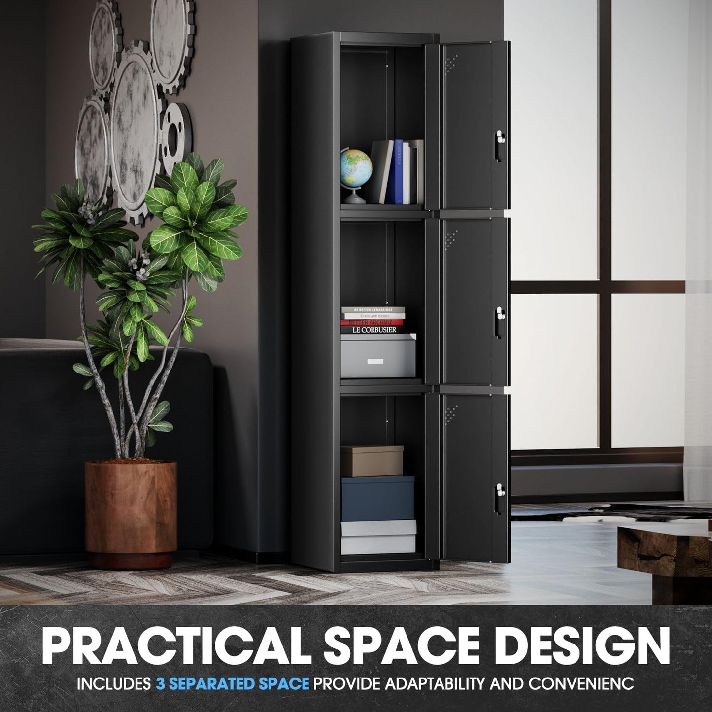 DNA MOTORING Metal Storage Cabinet for Employees with Keys, 71" Employees Metal Locker with 3 Doors, Tall Storage Lockers for Garage,Office,Home,Gym, Black, TOOLS-00789-BK-BK