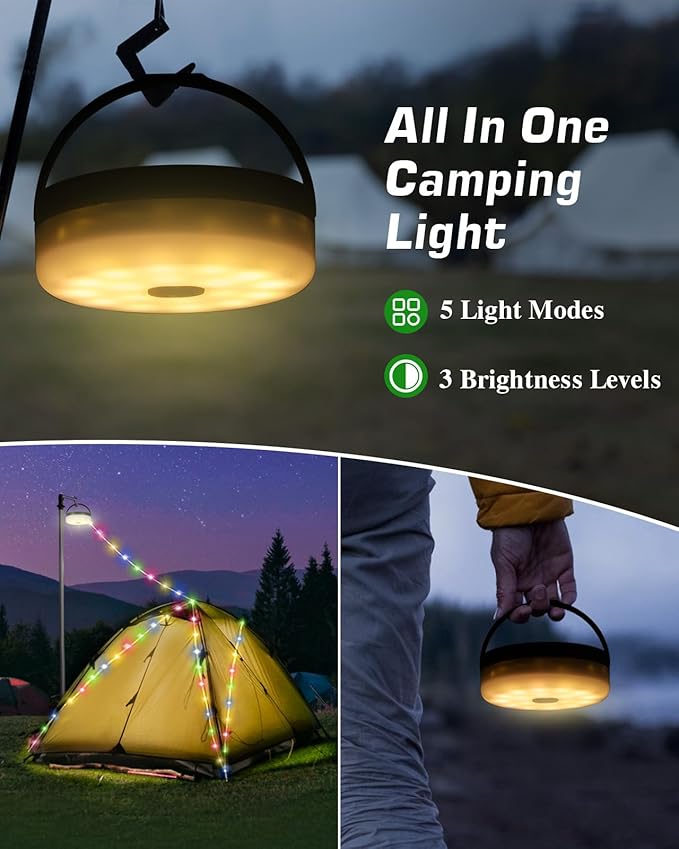Solar Camping String Lights 4 in 1, Anpro 32.8Ft Ultra Long Multi-Color LED String, 3600mAh Solar Powered and USB Rechargeable Light with Remote Control, Portable Camping Light for Hiking, Decoration