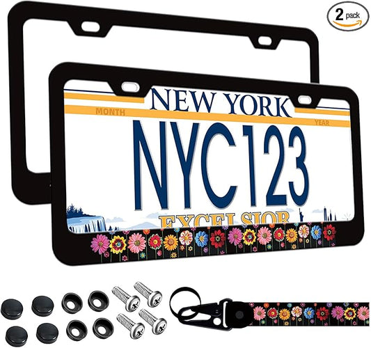 2-Pack Colorful Daisies Floral License Plate Frames, 2 Holes Daisy Flower Aluminum License Plate Holder for Women Man, Floral License Plate Cover fits Vehicles with Keychain Wrist Lanyard