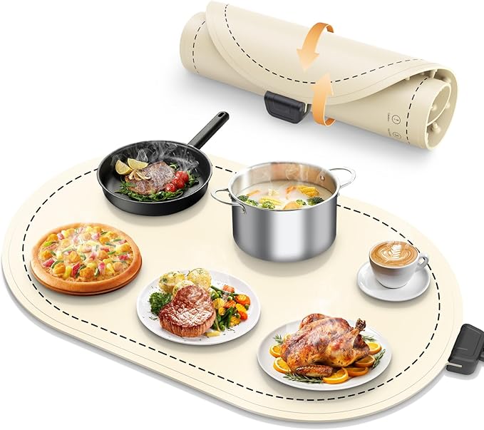 Warming Mat for Food with Adjustable Temperature Timer,10S Fast Heating Silicone Food Warmers for Parties Buffet and Home Daily,Food Warming Mat with Insulating Pad Raised Feet Protects Table