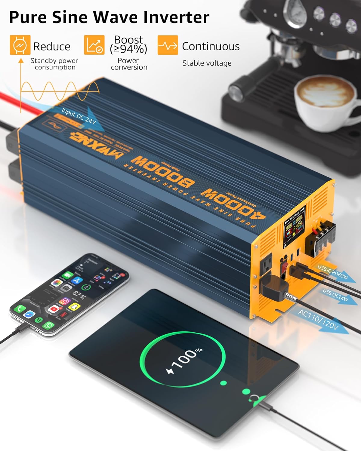 4000W Pure Sine Wave Power Inverter DC 24V to AC 110V 120V for Home RV with Dual AC Outlets 1 USB-C(60W) 3 USB-QC3.0 Fast Car Charger Adapter, LCD Display and Remote Control