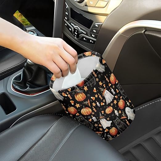 Halloween Ghost Black Cat Pumpkin Car Trash Bin Folding Vehicle Garbage Small Mini Front Back Seat Rubbish Basket with Strap Travel Garbage Organizer Bag Accessories, Keep Tidy