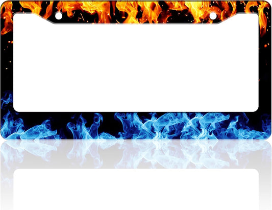 Red and Blue Flames License Plate Frame Abstract Fire License Plate Holder for Front or Rear Car Tags Stainless Steel Funny Car Decoration with Screws 6.3 X 12.2 in