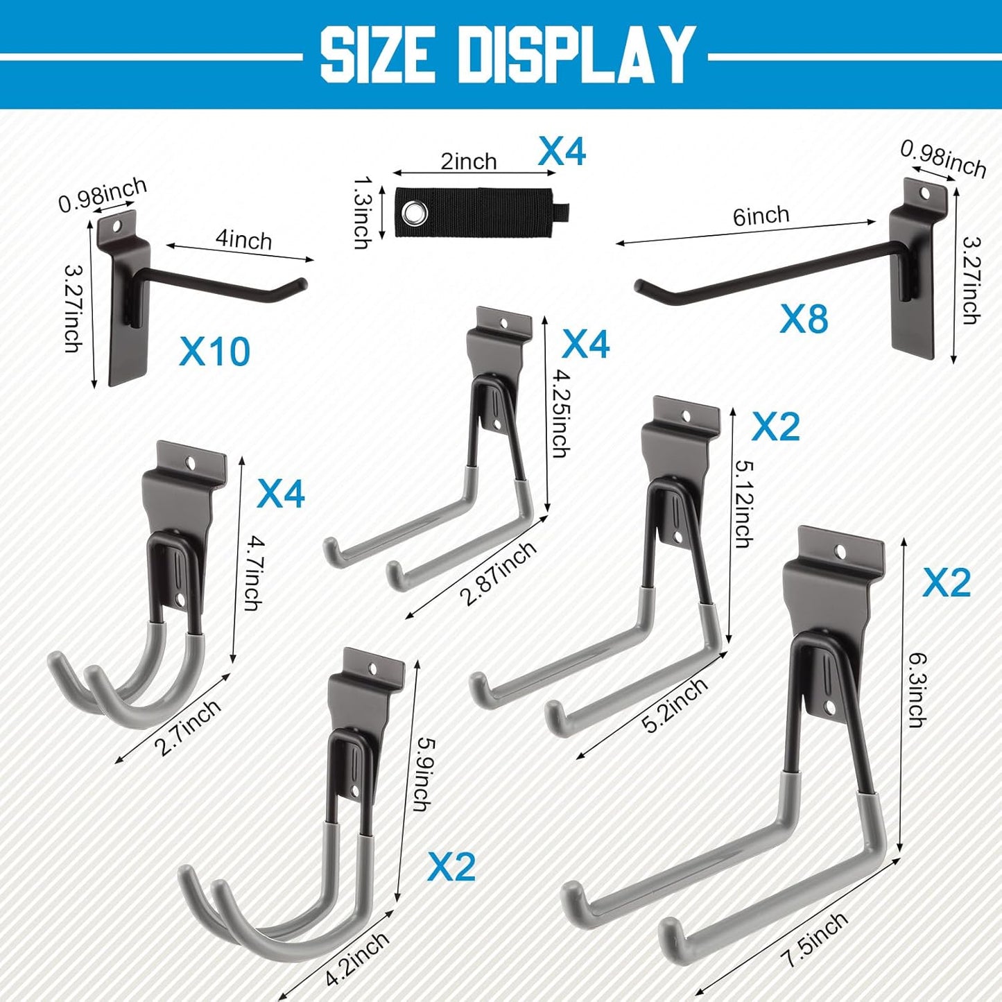 Landhoow 36 Pcs Slatwall Hooks & Hangers 32 Heavy Duty Slat Wall Hanging Hooks with 4 Storage Straps Assortment Slatwall Accessories for Storage Garage Wall Organization Garden Home (Grey)