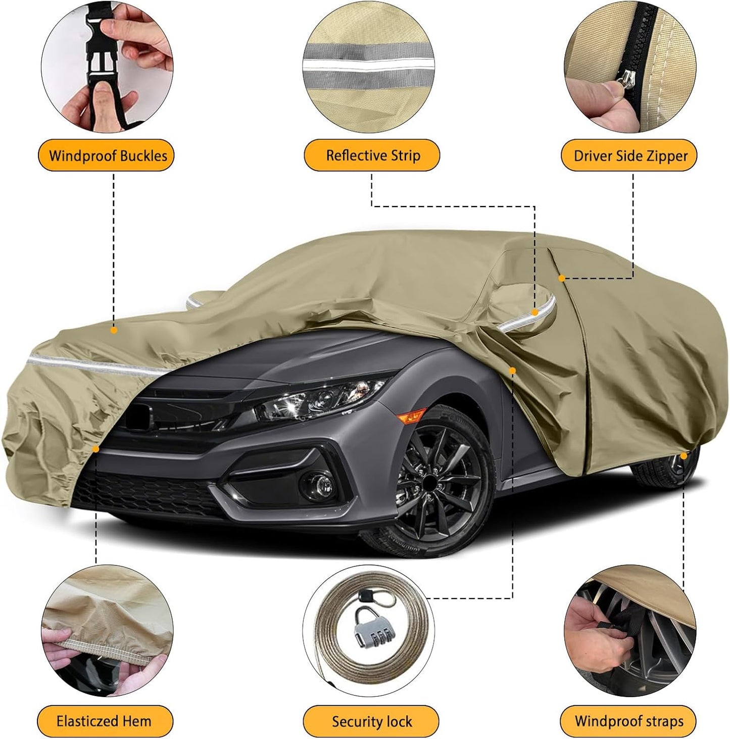 Waterproof Car Covers Replace for 2011-2025 Honda Civic, Multilayer Heavy Duty with Cotton Liner All Weather Custom-fit Car Cover with Zipper Door, Windproof Bands for Snow Rain Dust Protection