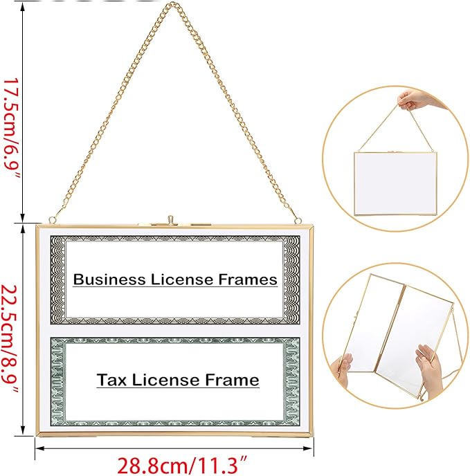 JUXYES 2 Pack Wall Hanging Business License Frame Brass Certificate Display Frames, Double Glass Floating Diploma Frames, Wall Golden Graduation Frame for 8.5x11 Inches Certificate Business Licenses