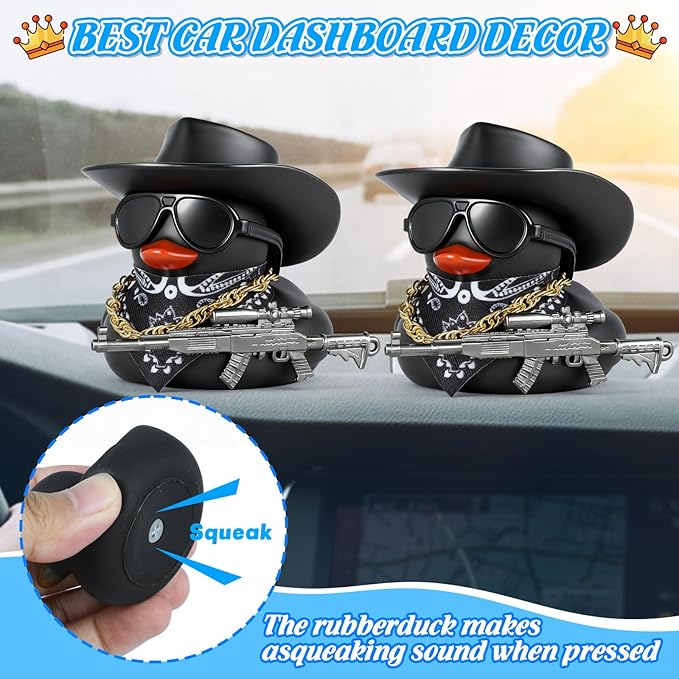BOZILY Black Rubber Duck Car Ornaments Dashboard Decorations - Cowboy Hat, Sunglasses, Bandana, Gold Chain & Gun Accessory, Squeeze Squeak Sound, DIY Funny Decor for Car Interior