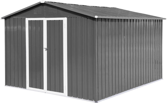 12 x 10 FT Metal Garden Shed, Outdoor Storage Shed with Heavy-Duty Steel Construction, Built-in Punched Vents & Hinged Door, Free Padlock for Secure Backyard, Patio & Garage Storage, Grey