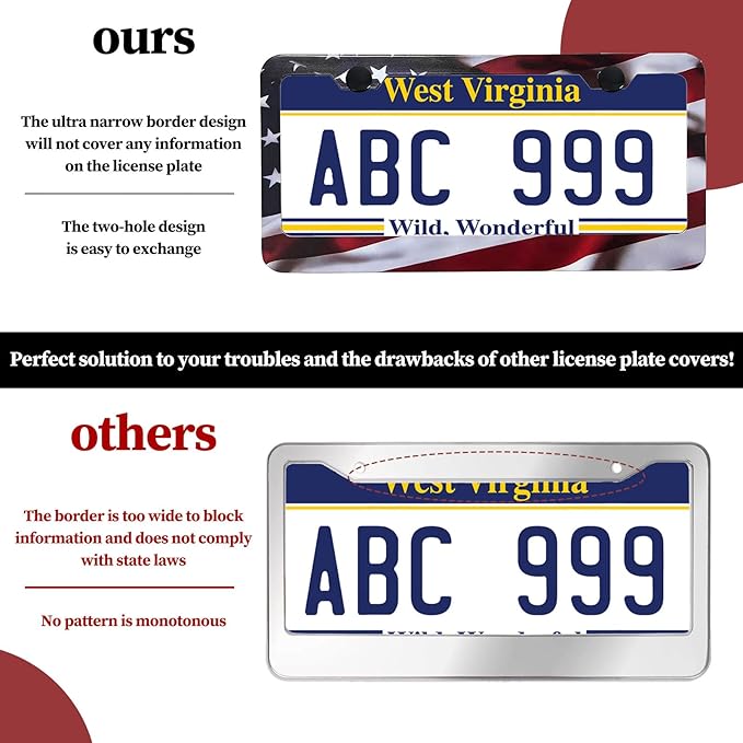 Patriotic American Flag License Plate Frame Holder - 2 Pack Universal Aluminum Matte Stripe US Flag Gloss Car Plate Frame Covers with 2 Holes and Free Screws Fasteners Caps