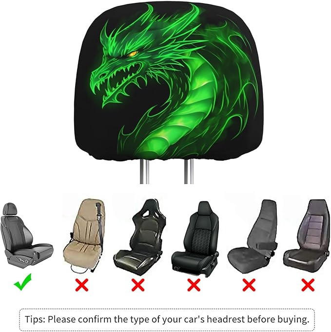 Dujiea 2 Pack Dragon Green Fire Car Headrest Covers, Universal Soft Car Seat Head Rest Protector, Vehicle Accessories Fabric Headrest Cover for Cars Vans Trucks