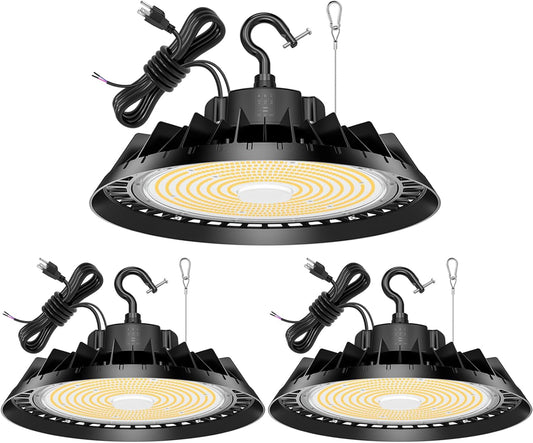 3Pack LED High Bay Lights, Super Bright 200W UFO High Bay LED Shop Lights, 30000LM 5000K, 0-10V Dimmable, 5' Cable Plug, IP65 Waterproof, ETL Listed Plug & Play Lighting for Gym Factory Warehouse