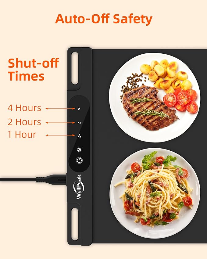 Electric Warming Mat for Food - Full Surface Fast Heating Silicone Tray with 3-Level Temperature, Auto-Off, Raised Feet for Table Protection, Versatile Warmer for Gatherings, Parties, Buffets, Black