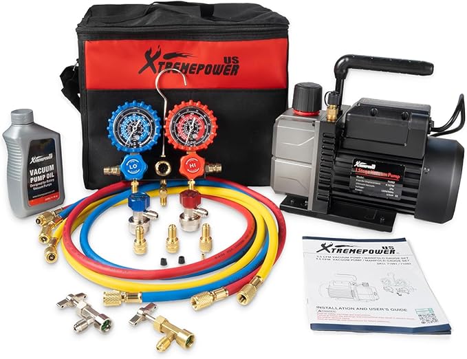 XtremepowerUS Vacuum Pump R134a R22 R32 R410A A/C Refrigeration with Manifold Gauge Can Tap Set Carrying Bag (Gen2, 4.5 CFM)
