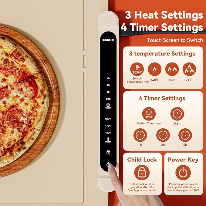 Food Warming Mat Electric Tray: Adjustable Silicone Heating Pad with 3 Temperature Settings 4 Timer Function Portable Roll Up Hot Plate for Buffets Party Gatherings Kitchen Warmer Countertop Holiday