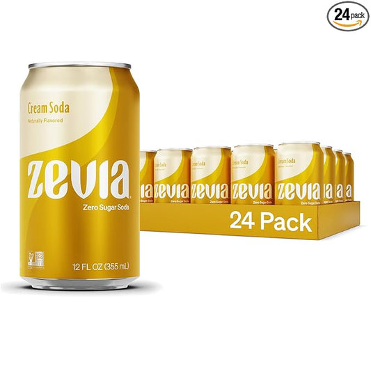 Zevia Zero Sugar Soda, Cream Soda, 12 oz Cans (24-Pack) – Naturally Sweetened, Non-GMO Project Verified, Gluten-Free, Vegan