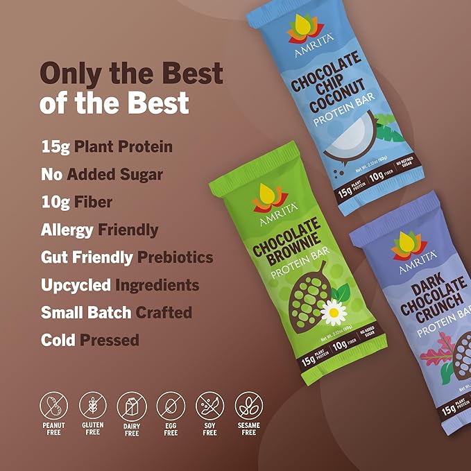 Amrita Nut Free Vegan Protein Bars (12 CT) | Chocolate Variety Pack 15g Plant-Based Protein Bar | Peanut-Free, Gluten Free, and Dairy-Free | No Added Sugar, High Fiber, Healthy Snacks for Kids/Adults