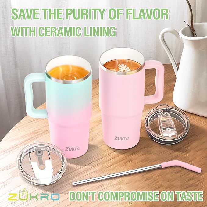 Zukro 24 oz Ceramic Lined Insulated Tumbler with Handle and Straw, No Metal Taste or Smell, Travel Coffee Mug with Spillproof Lids, No Sweat Stainless Steel Cup, Dishwasher Safe, Bubblegum