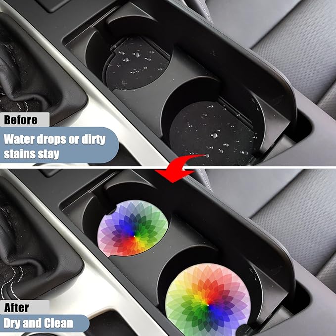 Car Cup Holder Coaster - Rainbow Flower Absorbent Ceramic Coaster 2 Pack, Car Coasters for Cup Holders, Fashion Car Interior Accessories Drink Coaster for Women & Men
