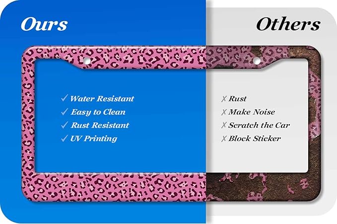 2PCS Pink Leopart Pattern License Plate Frames for Men Women - Universal Aluminum Stainless Steel Cheetah Personalized Car Tag Covers Holder with Screws, Caps, Rattle Proof Pads and Handlebar Stickers