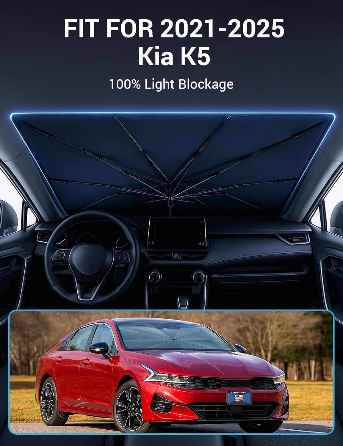 Proadsy Windshield Sun Shade Umbrella for Kia K5 2021-2025 Foldable Car Umbrella Sunshade with Soft TPU Handle Spring Structure Crystal Cooling Material Protect Car from Rays & Heat