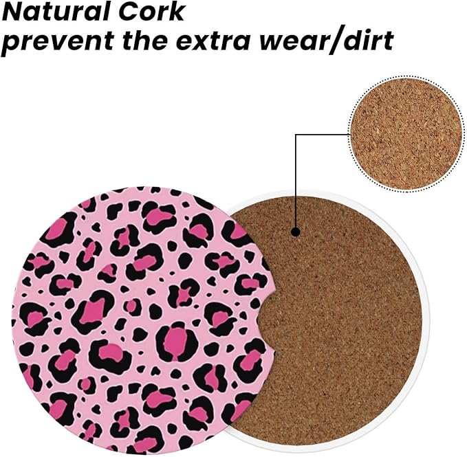 ABLESKY Car Coasters for Cup Holders, 2 Pack Absorbent Anti Slip Car Cup Holder Coasters, 2.56 Inch Ceramic Universal Size Auto Interior Accessories Women Men-Pink Leopard Spots