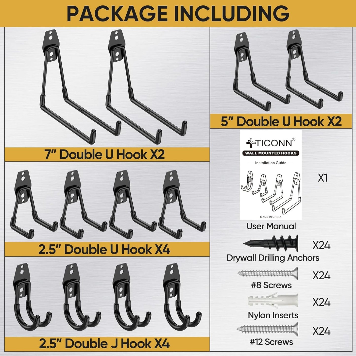 TICONN 12 Pack Heavy Duty Garage Hooks, Steel Utility Wall Storage Hooks, Wall Mount Hanger Organizer for Ladders, Bikes, Tools, Bulky Items (Set, Orange)