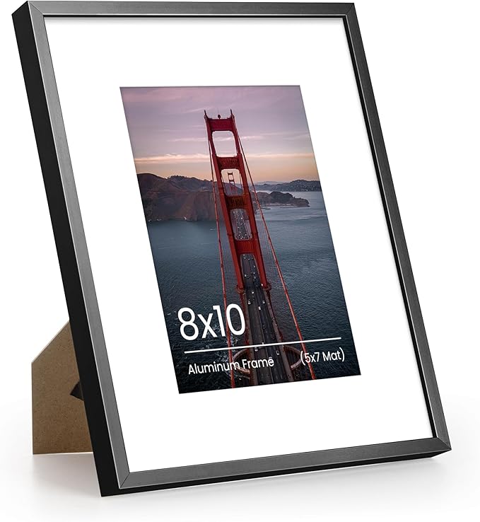 Heimlove 8x10 Aluminum Picture Frame, Metal photo Frame with Tempered Glass 5x7 with Mat or 8 x 10 Without Mat Wall Mounting Horizontally or Vertically,Poster Frame - 1 Pack - Black