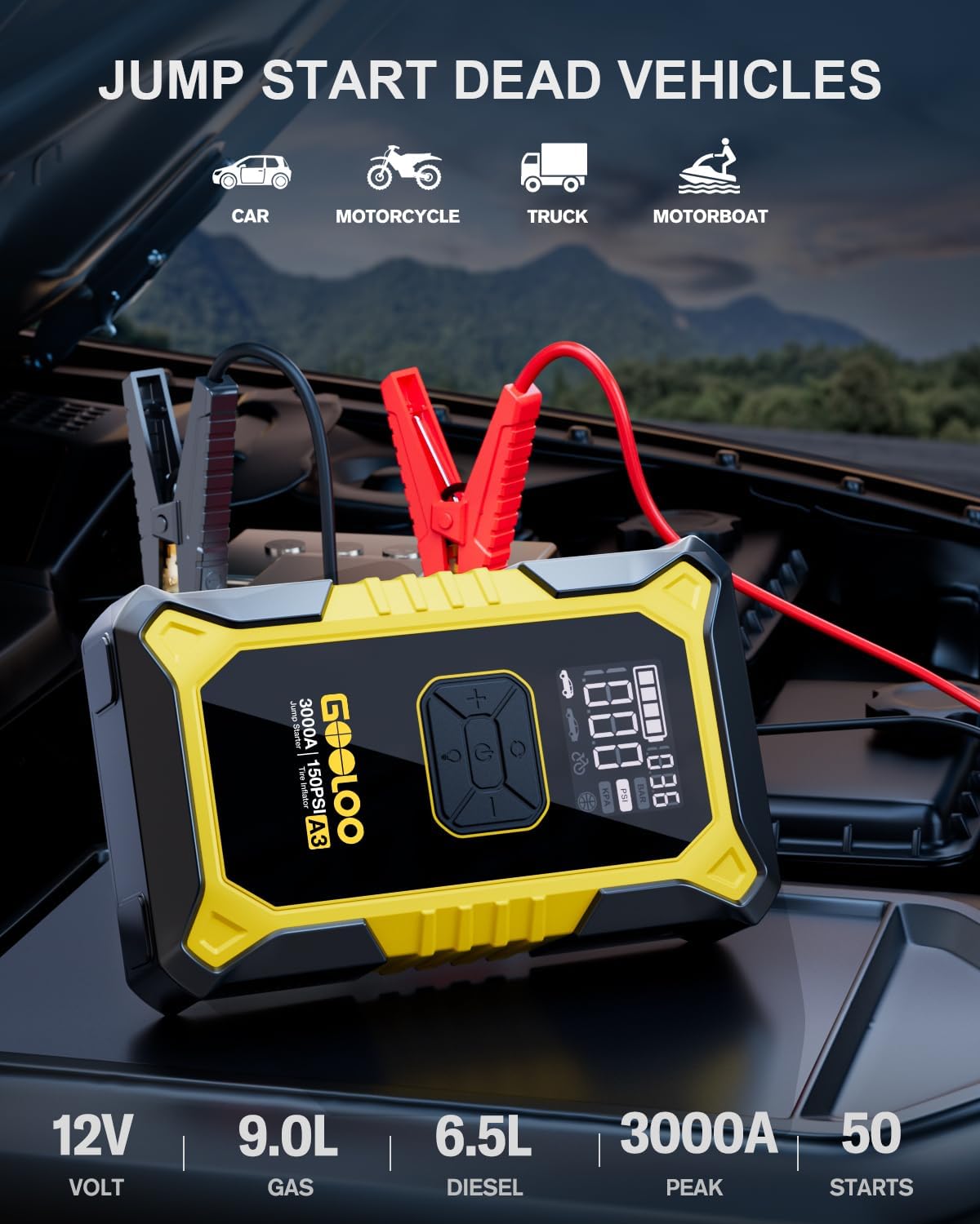 GOOLOO A3 Jump Starter with Air Compressor, 3000A Portable Car Battery Jumper Starter (9.0 Gas/6.5L Diesel) with 150PSI Auto-Shutoff Tire Inflator, 12V Supersafe Lithium Jump Box Car Booster, Yellow