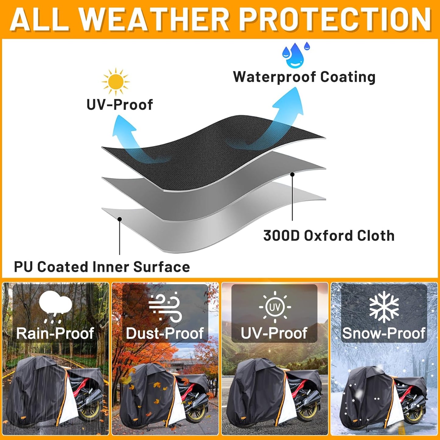 Motorcycle Cover,Waterproof Zipper Outdoor Cover for All Seasons Windproof, High Heat Resistance Dustproof and Rainproof Snowproof(Orange Zipper XL Fits Up to 97 inch)