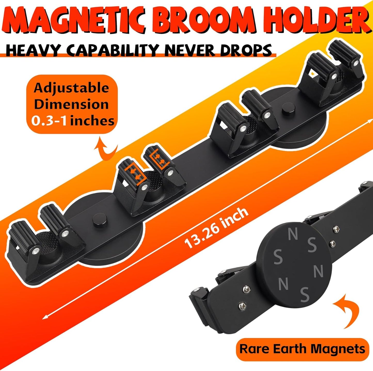 Magnetic Broom Holder Rack,Strong Magnetic Mount Mop Holder 4 Racks for Cleaning Tools,Non-slip Magnetic Tool Holder Broom Hooks for Apartment RV Camper Garage Kitchen