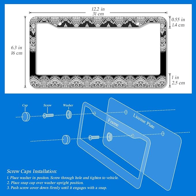 2PCS Black & White Lace Pattern License Plate Frames for Men Women - Universal Aluminum Stainless Steel Personalized Car Tag Covers Holder with Screws, Caps, Rattle Proof Pads and Handlebar Stickers