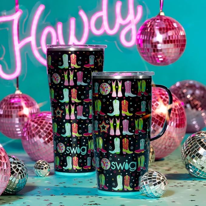 Swig Life 22oz Travel Mug, Insulated Tumbler with Handle and Lid, Cup Holder Friendly, Dishwasher Safe, Stainless Steel, Travel Coffee Cup, Insulated Mug with Lid (Disco Cowgirl)