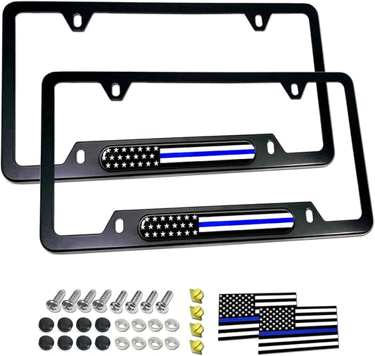 Aootf Police Thin Blue Line License Plate Frames- 2 Pack American Flag Matte Black Aluminum Patriotic Car Tag Cover Holder with Mount Screw Caps, Car Accessories for Officers Men Law Enforcement