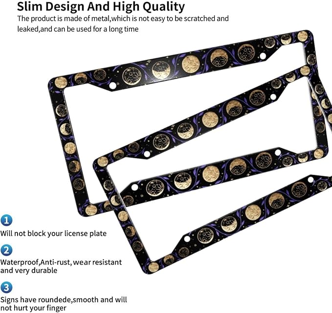 License Plate Frame 2 Pack Front Rear Aluminum Metal Rust-Proof Universal Car Tag Frames Holder with 4 Holes Car Decor Accessory with Screws for Men Women - Vintage Gold Moon Phase Flowers