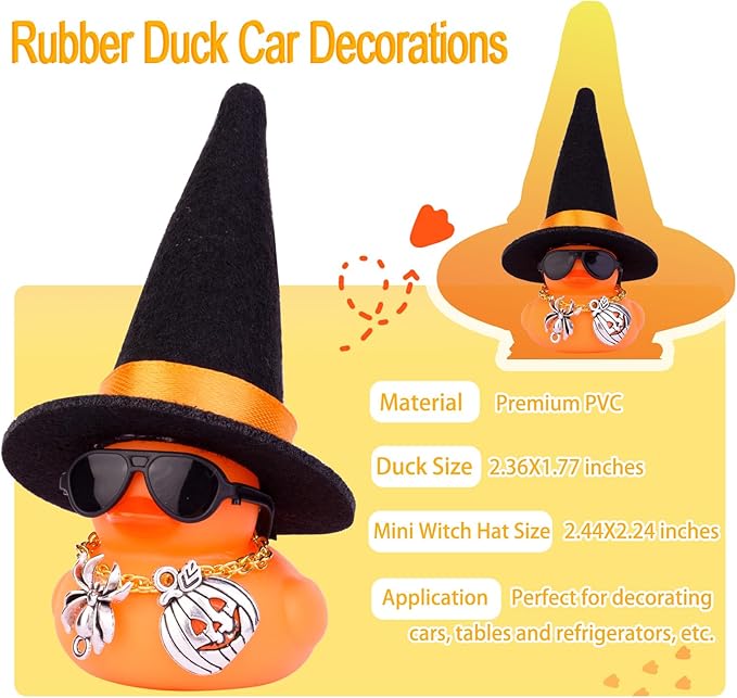Car Rubber Duck Ornaments Halloween Duck Car Dashboard Decorations with Mini Witch Hat Sunglasses Necklace Halloween Accessories for Halloween Themed Gifts(W14)