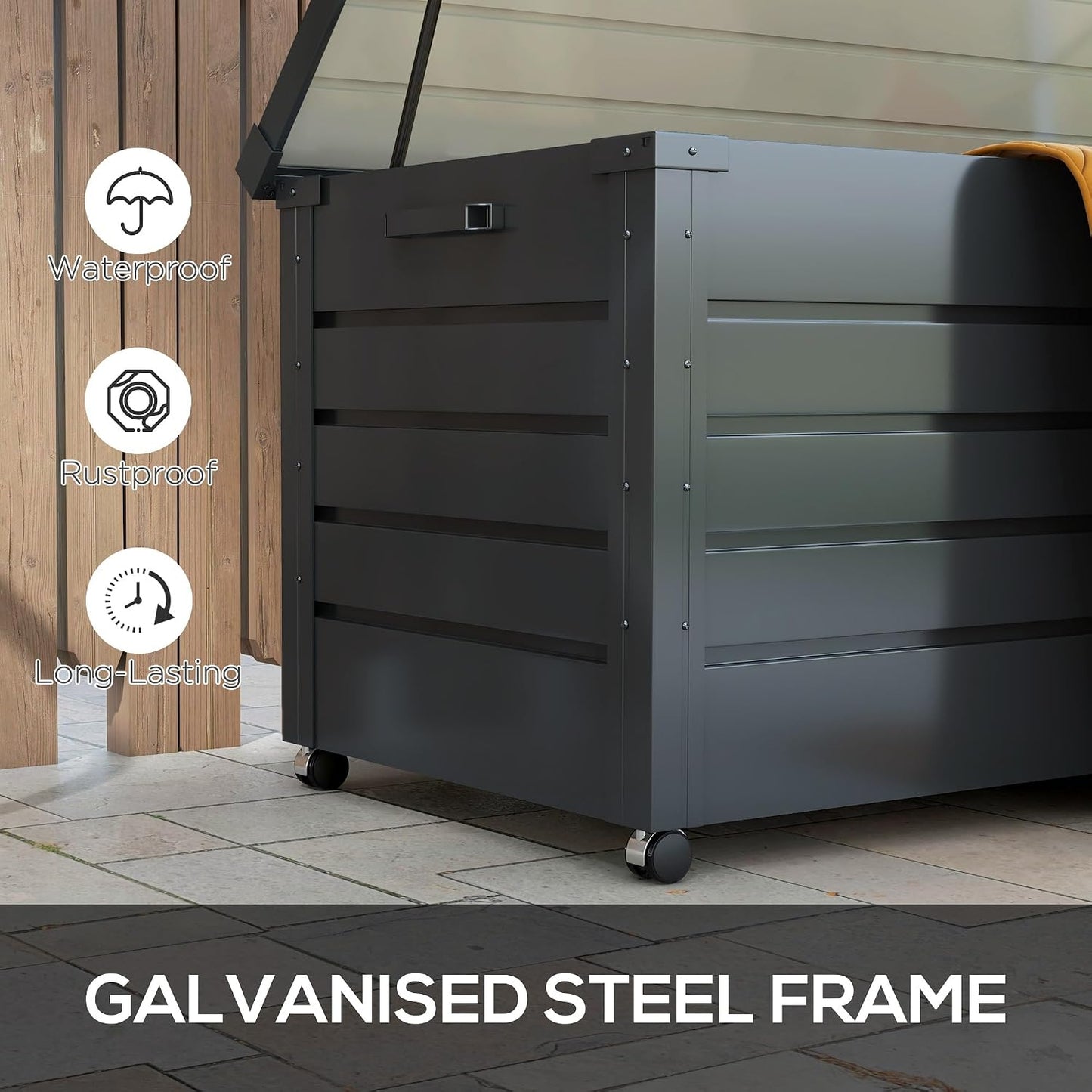 Outsunny 82 Gallon Garden Storage Box, Waterproof Outdoor Storage Container with Wheels and Handles, Lockable Galvanised Steel Outside Deck Box for Tools, Cushions, Dark Grey