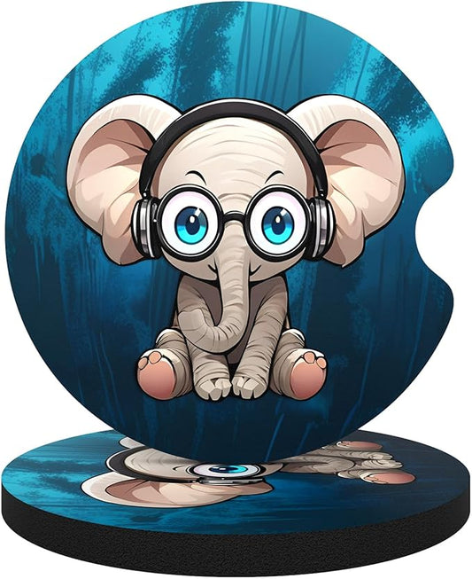 Car Cup Holder Coasters, 2 Pack Universal Auto Anti Slip Insert Coaster with A Finger Notch, Cute Car Assecories for Women Men, Cup Mat for Most Interior, Pretty Elephant