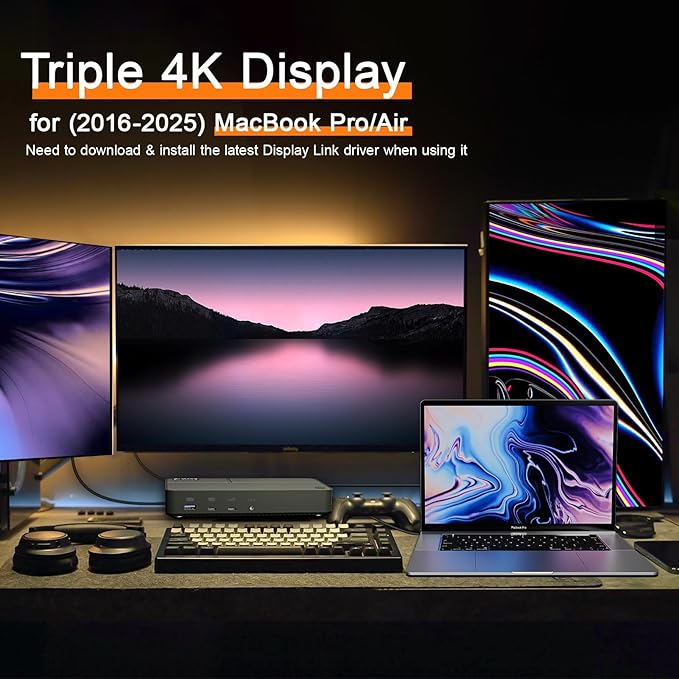 DisplayLink Docking Station 3 Monitors with 130W Power Supply,15 in 1 USB C Triple 4K Display Dock for M1 M2 M3 M4 Thunderbolt MacBook Pro/Air and USB-C/A Port Windows Laptops (3 HDMI, 2 DP)