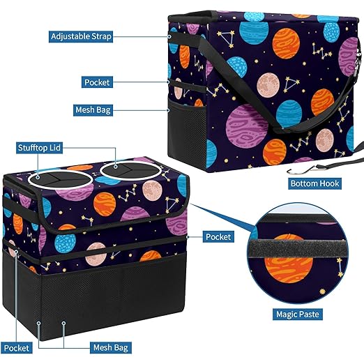 Car Trash Can Colorful Space Planet Large Storage Garbage Can with Lid Hanging for Back Seat Leakproof Automotive Vehicle Trash Bin